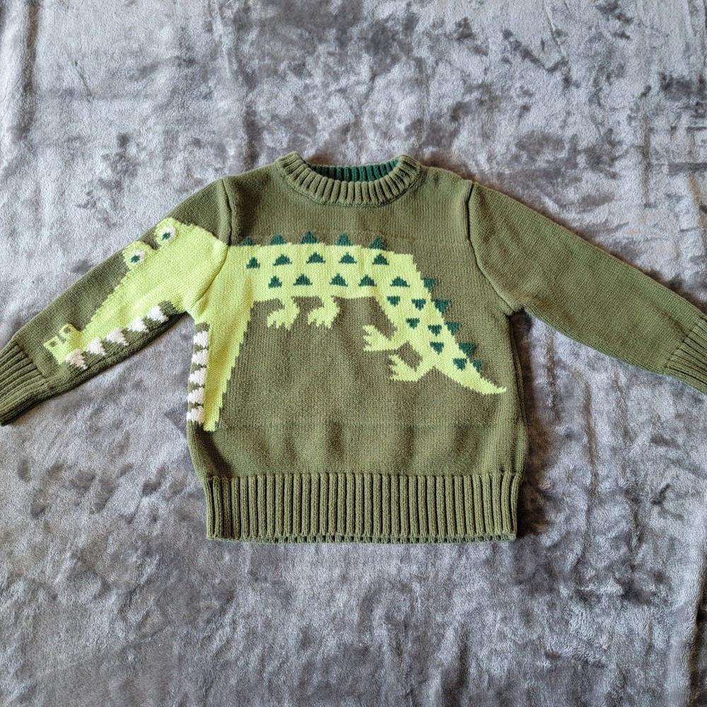 Cat & Jack Sweater Kids 2T Green Excellent Alligator Intarsia Knit Long Sleeve